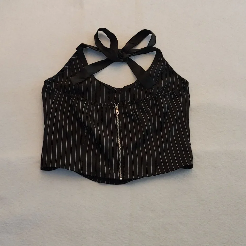 NWT TypaGal Pinstripe Halter Corset Top Peter Pan Collar Size Large Goth Chic - Picture 2 of 7